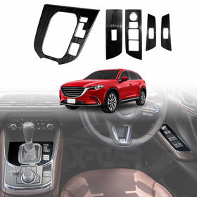 A set of black stainless steel interior trim pieces for Mazda CX-9 CX9 2016-2025 models, shown in isolation and in situ on a vehicle's interior.
