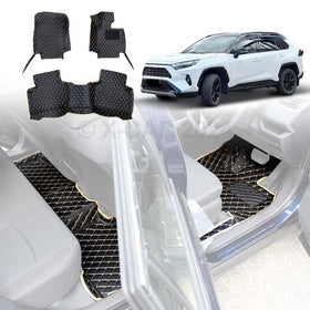 A set of black X-CAR floor mats designed for a Toyota RAV4, showing the mats laid out and fitted in the vehicle's interior.