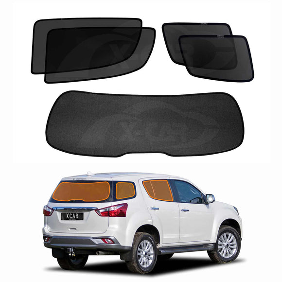 Set of X-CAR car sunshades with a white isuzu-mux SUV in the background