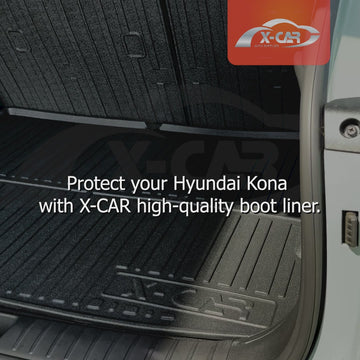 X-CAR Hyundai Kona 2023 onwards boot liner with back seat protectors installed in cargo area