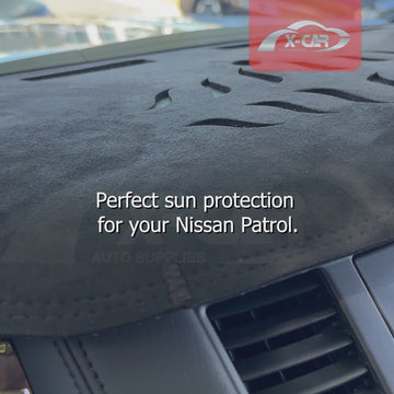 X-CAR dash mat designed for Nissan Patrol Y62 2012-2024 Y62 Series displayed on a vehicle dashboard.
