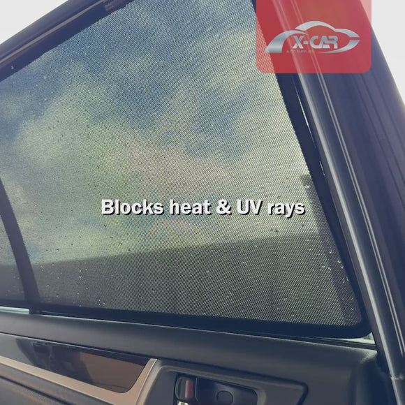 X-CAR window sun shade for rear windows of Subaru Outback 2015-2020 installed on the Outback windows.