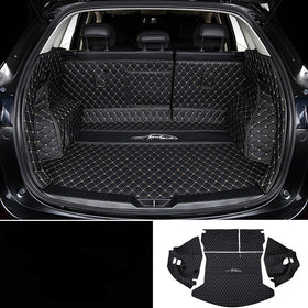 Black PU leather boot liner and seat back mats with khaki stitching for Mazda CX-5, displayed in the context of a car's cargo area.