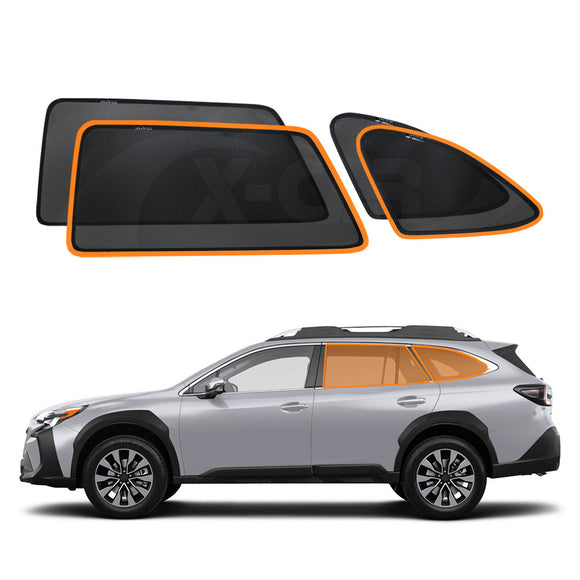 X-CAR custom window sun shades designed for Subaru Outback,  displayed on a silver Outback.