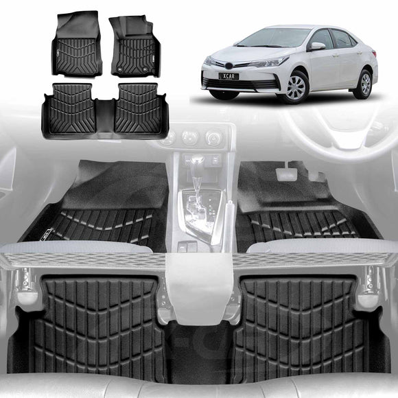 A set of black 3D moulded car mats designed for a Toyota Corolla Sedan, including front and second row pieces, displayed alongside the car they fit.