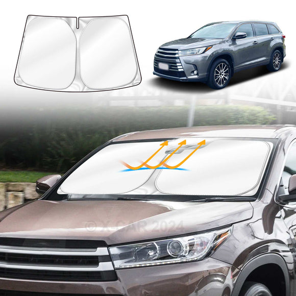 X-CAR windscreen sun shade designed for a Toyota Kluger 2014-2021 installed on the windscreen of a Toyota Kluger.
