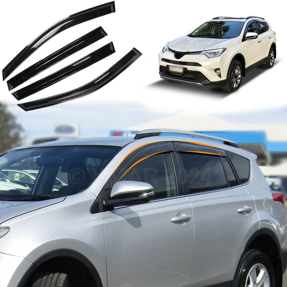 Set of X-CAR window visors for a Toyota Rav4, showing the visors in black color attached to the vehicle's windows.