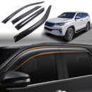 Set of four black car weather shields for Toyota Fortuner, showing the product installed on a white Fortuner and a close-up of the shields.