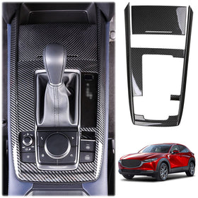 Carbon fibre print gear box shifter frame for Mazda CX-30, displayed in an ISO 9001 facility, with an image of the product installed on a vehicle for context.