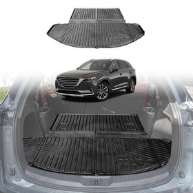 A black boot liner designed for a Mazda CX-9 SUV, displayed in an open trunk showing the liner's placement and fit.
