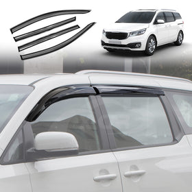 Kia Carnival 2015–2022 X-CAR weather shields set, black window visor wind deflectors mounted on side windows to reduce wind noise and block rain.