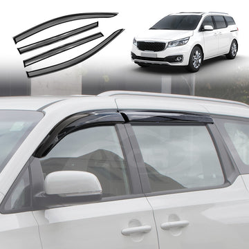 Kia Carnival 2015–2022 X-CAR weather shields set, black window visor wind deflectors mounted on side windows to reduce wind noise and block rain.
