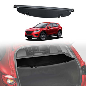 Retractable cargo cover displayed on top of a red Mazda CX-5 and fitted inside the trunk of the same model car.