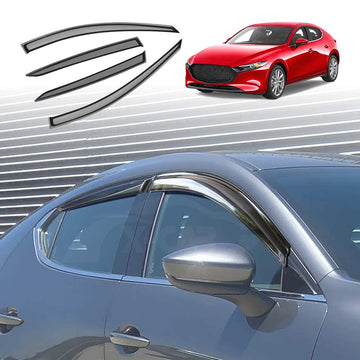 A set of clear car weather shields wind deflectors sun visors installed on the side windows of a red Mazda 3 Hatch.