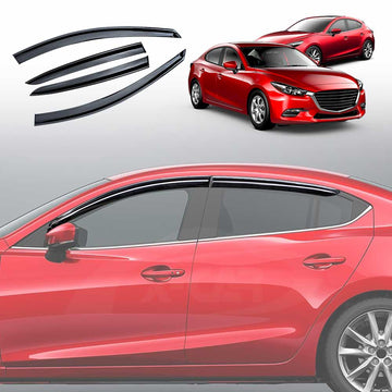 Set of four black car weather shields for Mazda 3, showing the product installed on a red Mazda 3 Sedan.