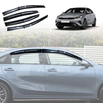 X-CAR Set of four black weathershields for Kia Cerato Sedan 2018–2024, shown fitted on car windows and displayed as individual wind deflector pieces.