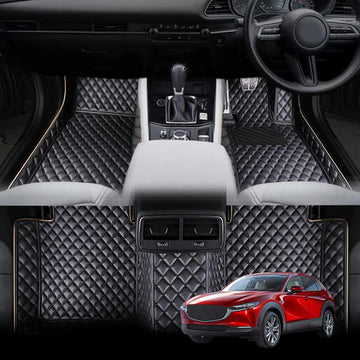 Black floor mats designed for a Mazda CX-30, displayed in the context of the vehicle's interior. The mats have a quilted design and the exterior of the vehicle is shown with a red color scheme.
