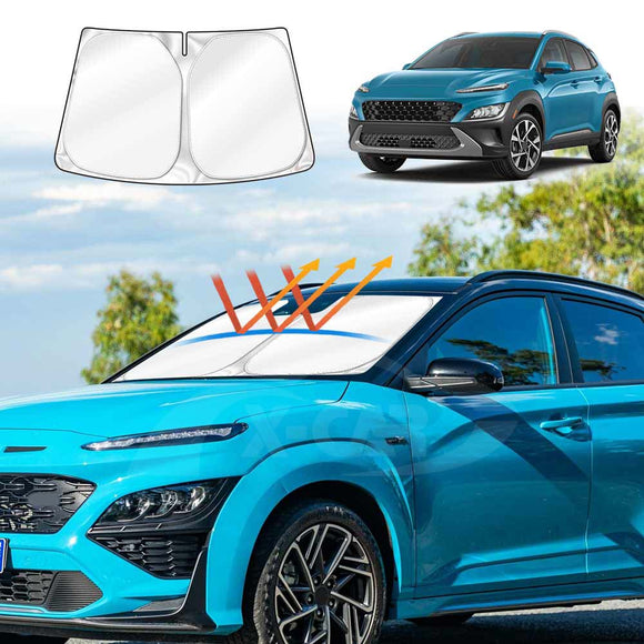 X-CAR Hyundai Kona 2017-2023 windscreen sun shade installed on the windshield.