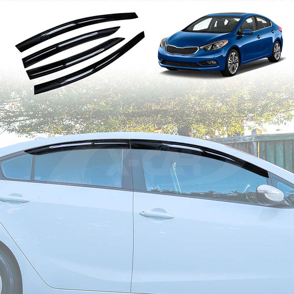 A set of X-CAR black weathershields for a Kia Cerato Sedan, displayed on a white background and also shown installed on a blue Kia Cerato Sedan.
