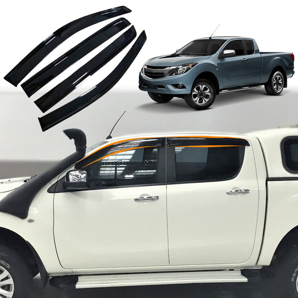 A set of black car weather shields wind deflectors sun visors designed for the Mazda BT-50 Dual Cab UP UR Series 2011-2020. The image shows the visors both separately and installed on the vehicle.